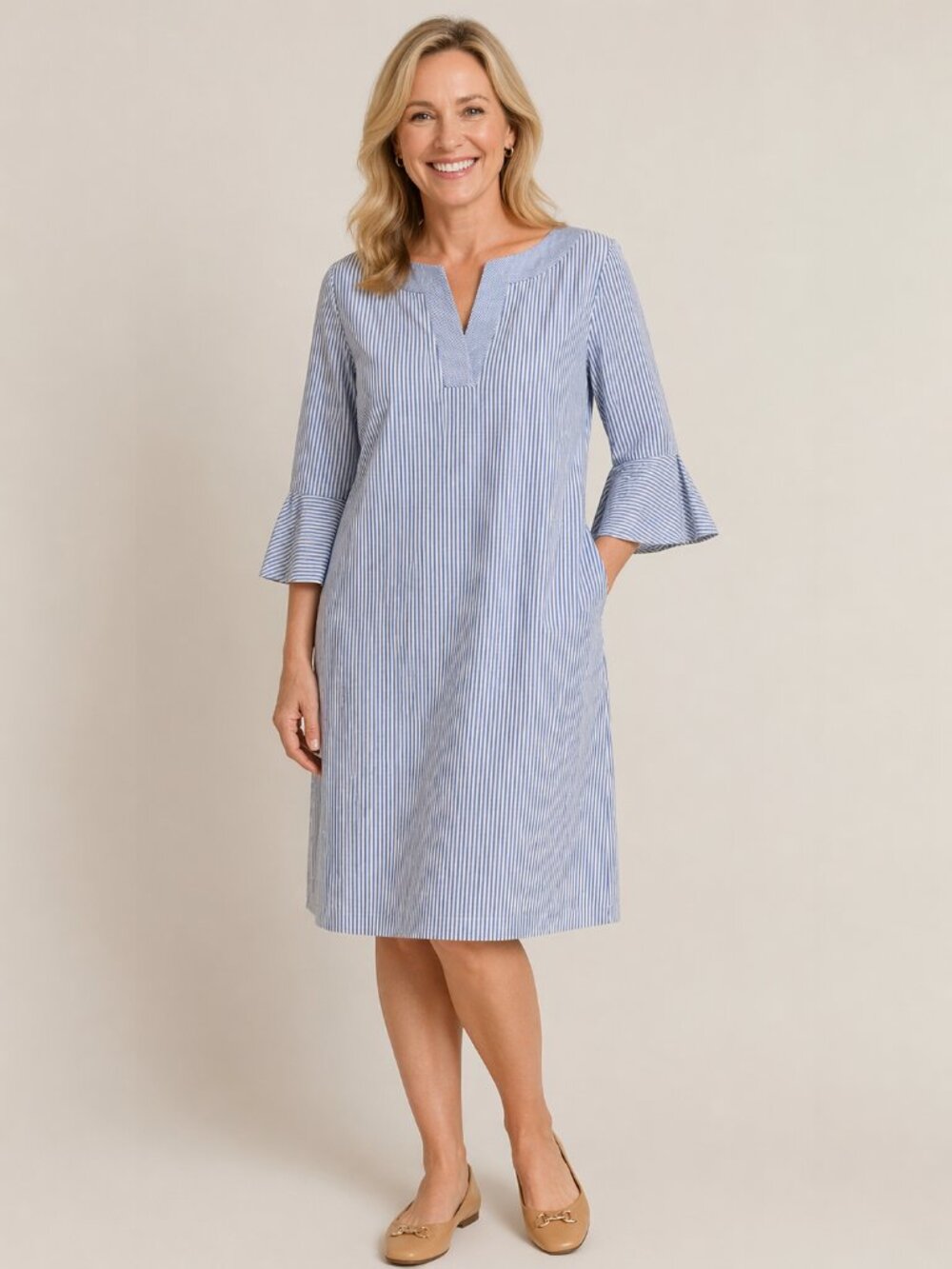 Talbots Blue White Striped Dress Size 12 | 100% Cotton | Flounce Sleeve Pockets